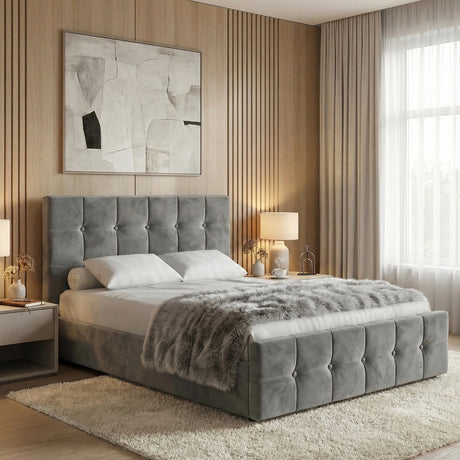 [Small Double | Dark Grey] Square ottoman bed closed, tufted headboard against slatted wood wall with rug underfoot