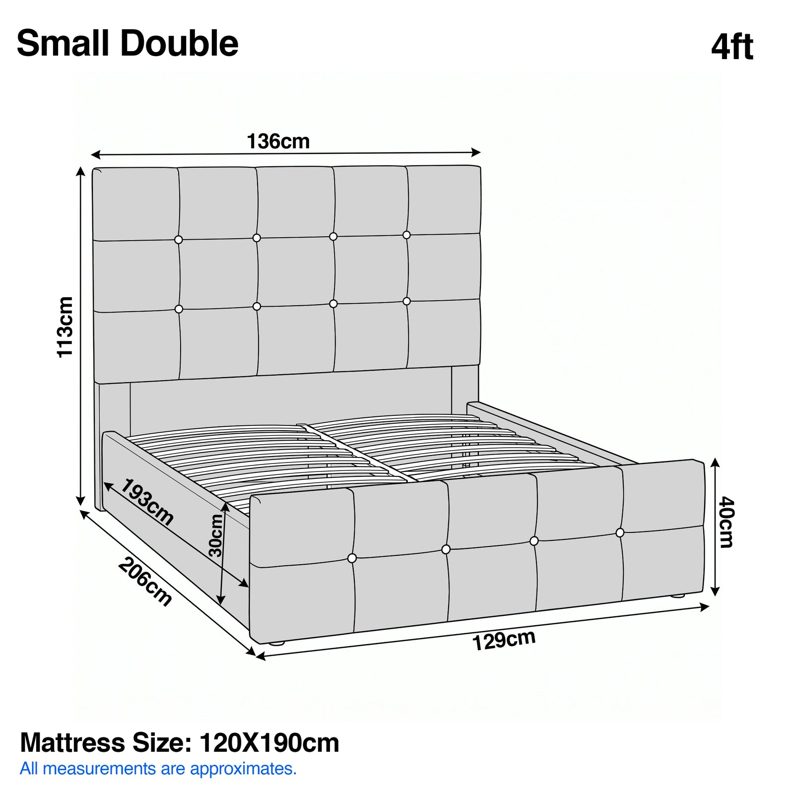 [Small Double | Dark Grey] Dimension for small double 4ft bed showing 136cm width 206cm length and 113cm headboard height