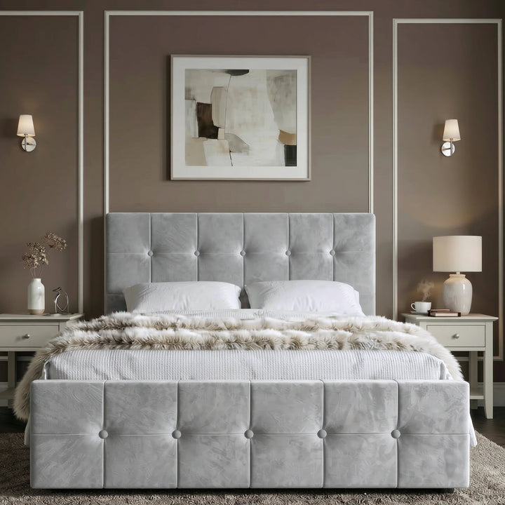 [Small Double | Light Grey] Square ottoman bed front-on between matching bedside tables with lamps and wall sconces