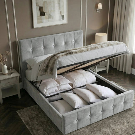 [Small Double | Light Grey] Square ottoman bed with mattress raised on gas lift showing pillows in storage base