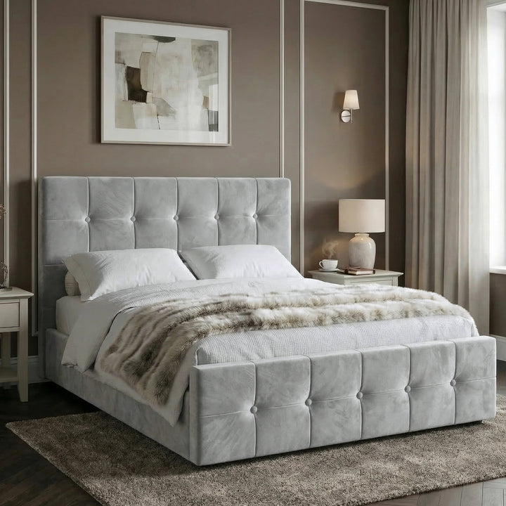 [Small Double | Light Grey] Square ottoman bed styled with fur throw, wall sconces and framed art in panelled bedroom