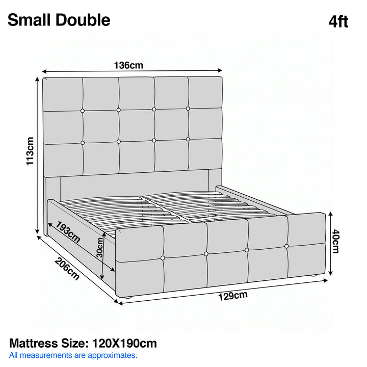 [Small Double | Grey] Dimension diagram for small double 4ft bed showing 136cm width 206cm length and 113cm headboard height