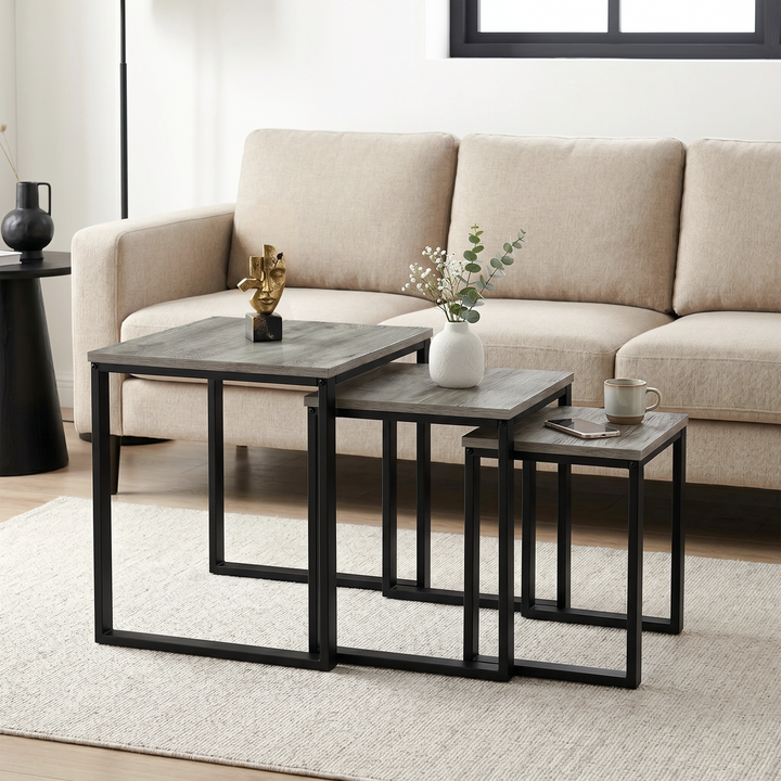 [Grey Wooden] Stackora set of 3 nesting tables front view on white background with all three tables nested together