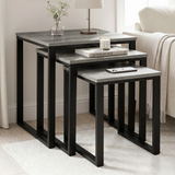 [Grey] Stackora set of 3 nesting tables front view on white background showing stepped height and grey tops