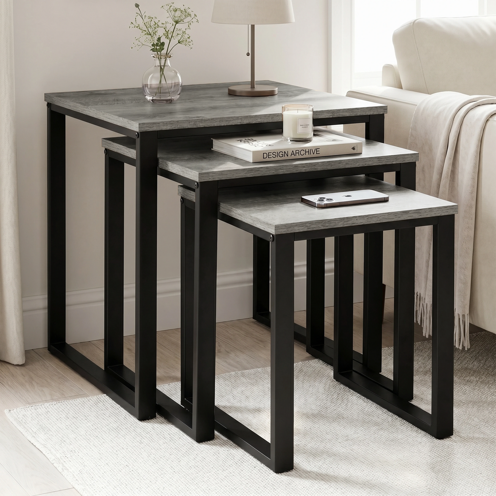 [Grey Wooden] Stackora set of 3 nesting tables front view on white background showing stepped height and grey tops