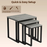 [Grey Wooden] Stackora set of 3 nesting tables with quick and easy setup feature shown with annotation overlay
