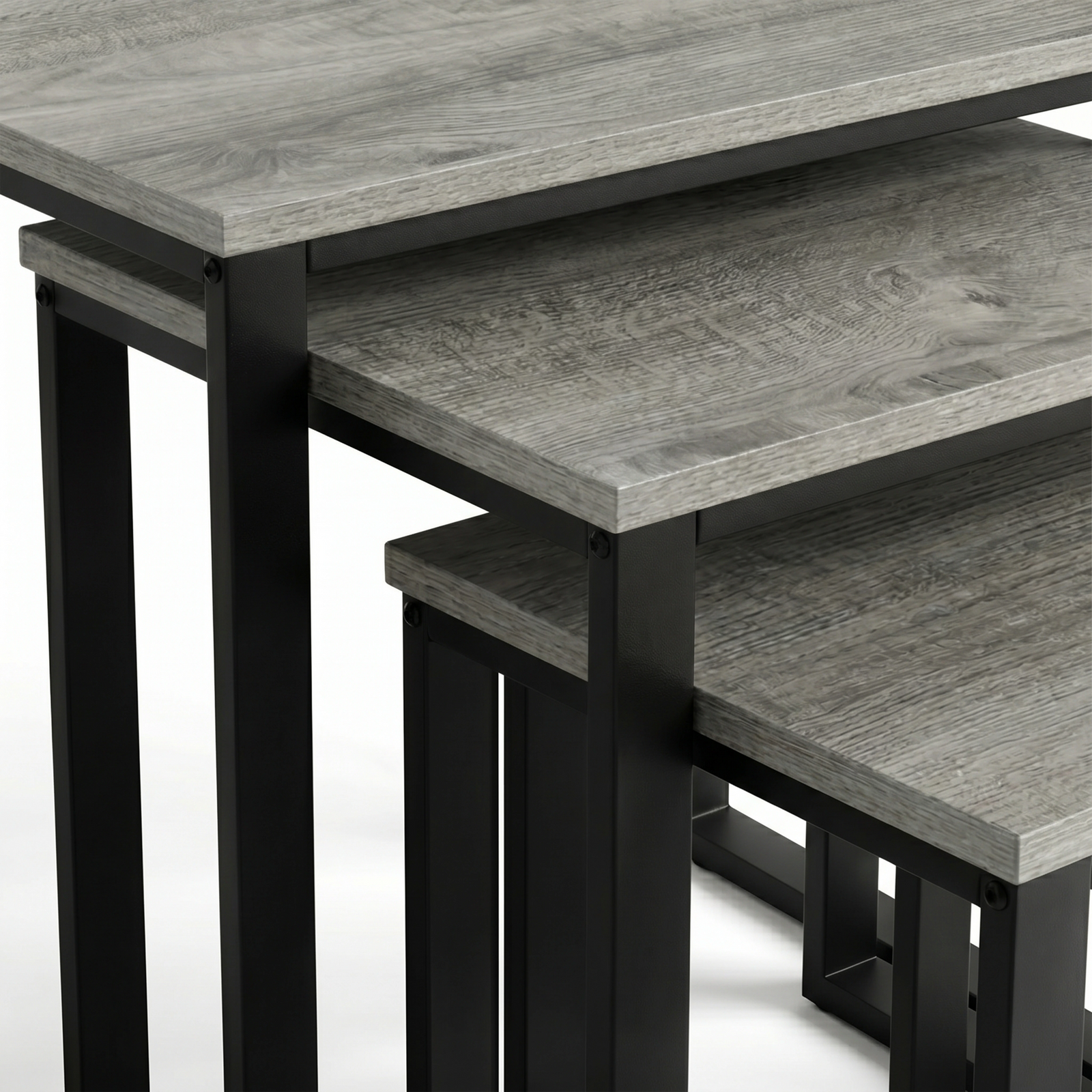 [Grey Wooden] Stackora set of 3 nesting tables fully separated on white background showing all three individual sizes