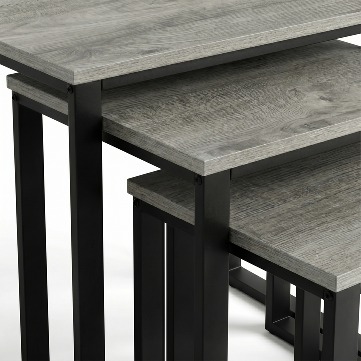 [Grey Wooden] Stackora set of 3 nesting tables fully separated on white background showing all three individual sizes