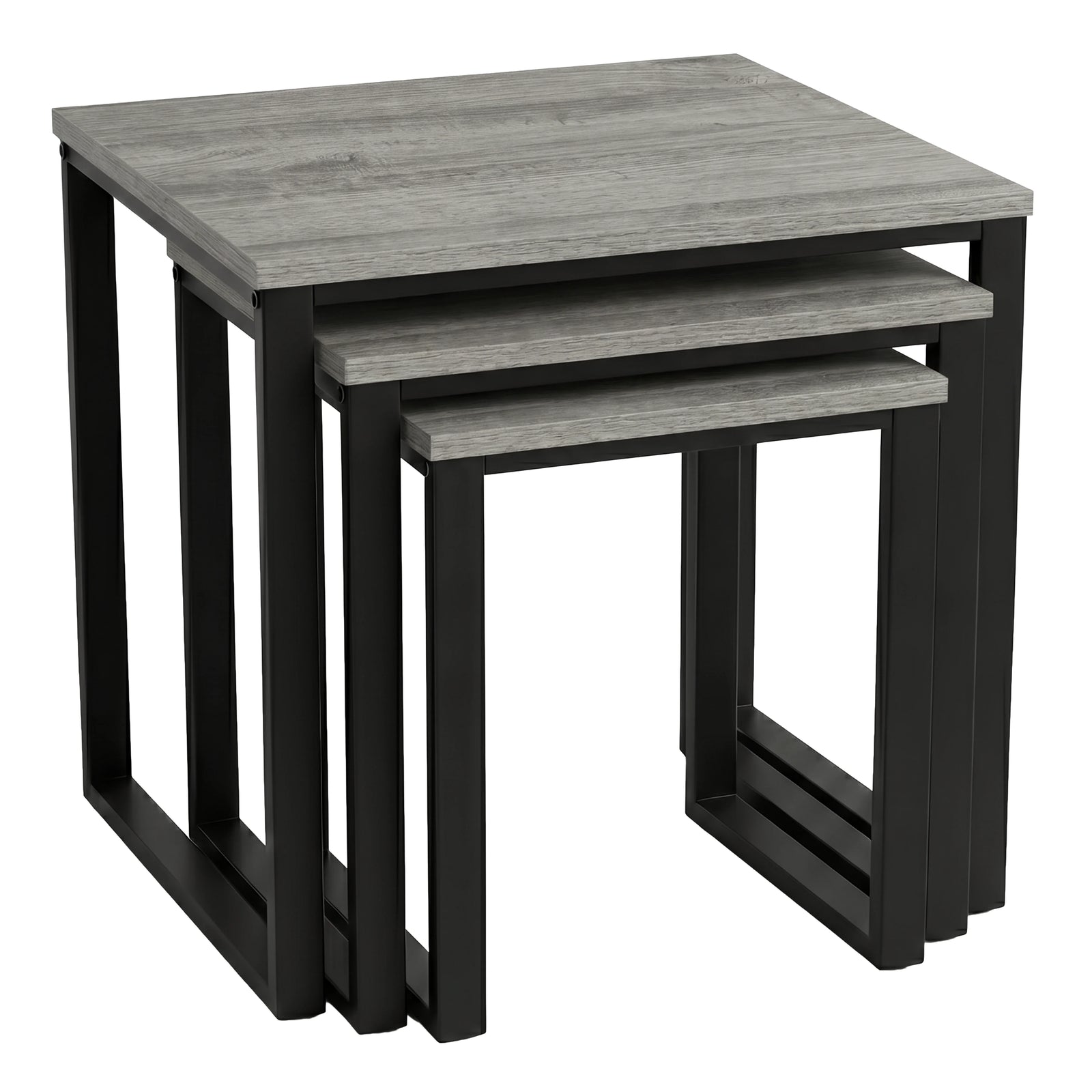 [Grey Wooden] Stackora nesting tables close-up of stepped grey wood effect tops showing grain and black metal frames