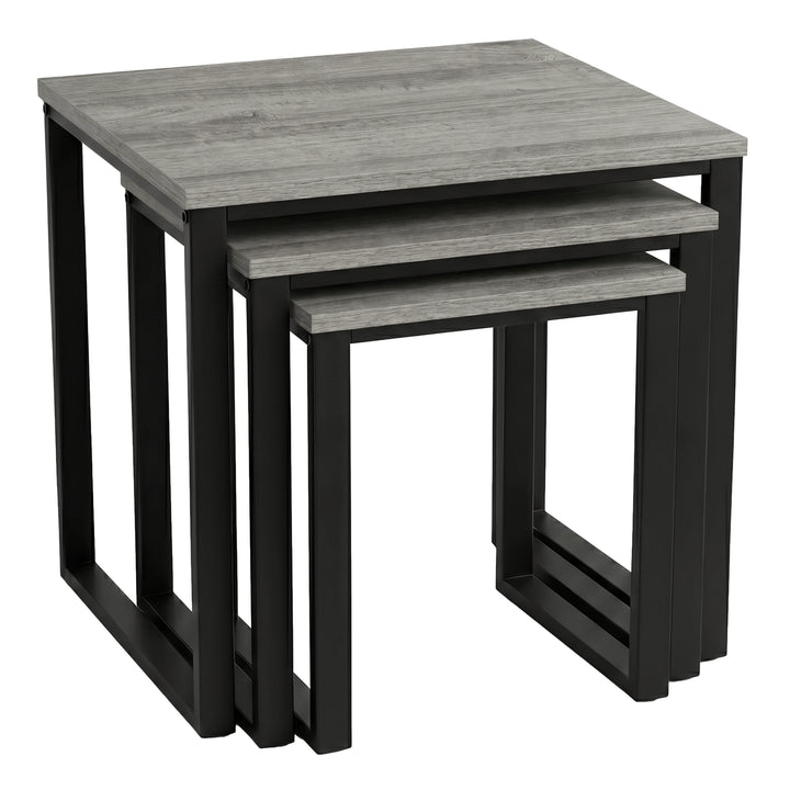 [Grey Wooden] Stackora nesting tables close-up of stepped grey wood effect tops showing grain and black metal frames