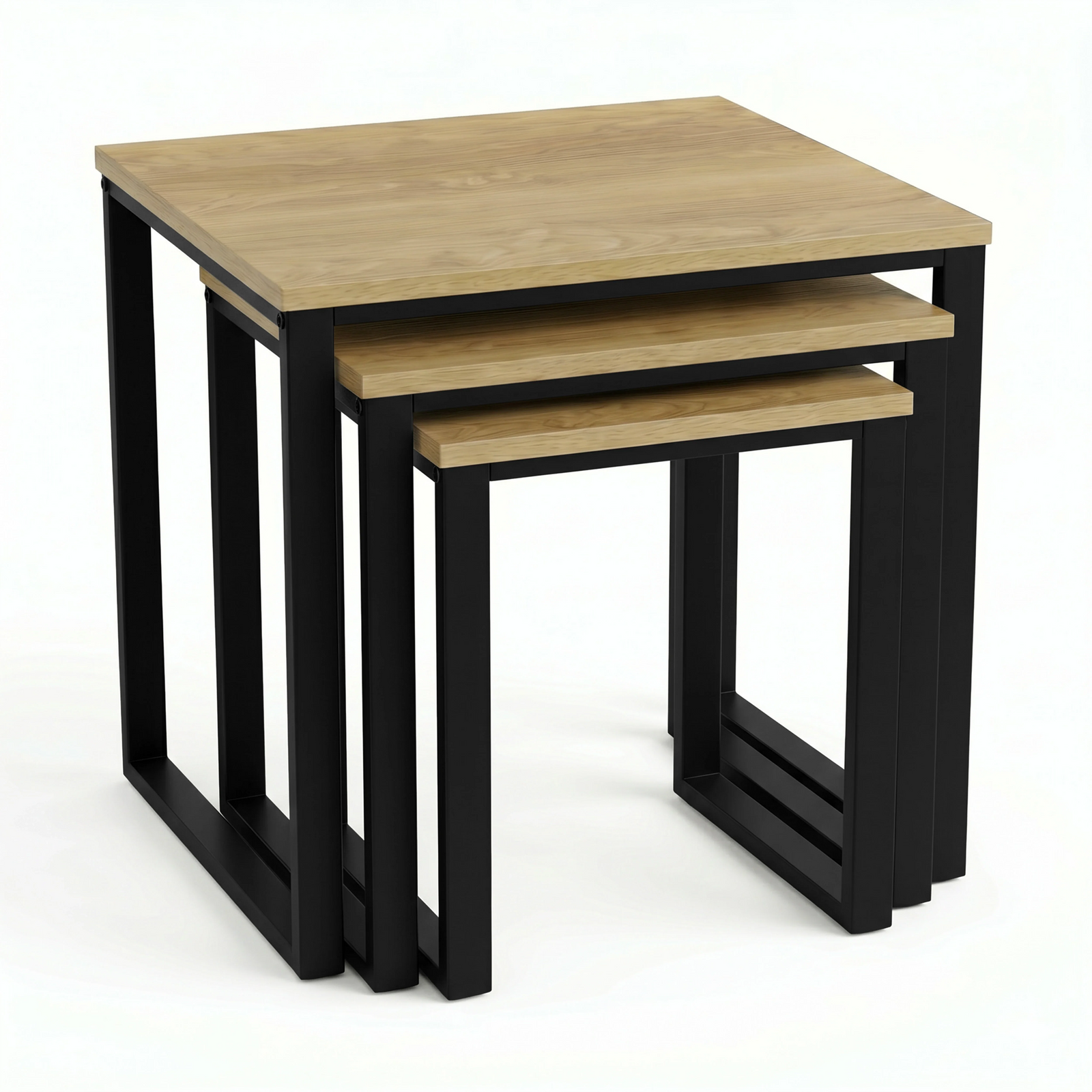 [Oak] Stackora set of 3 nesting tables front view on white background with all three tables nested together