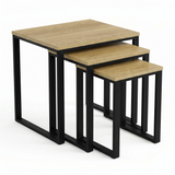 [Oak] Stackora set of 3 nesting tables front view on white background showing stepped height and oak tops
