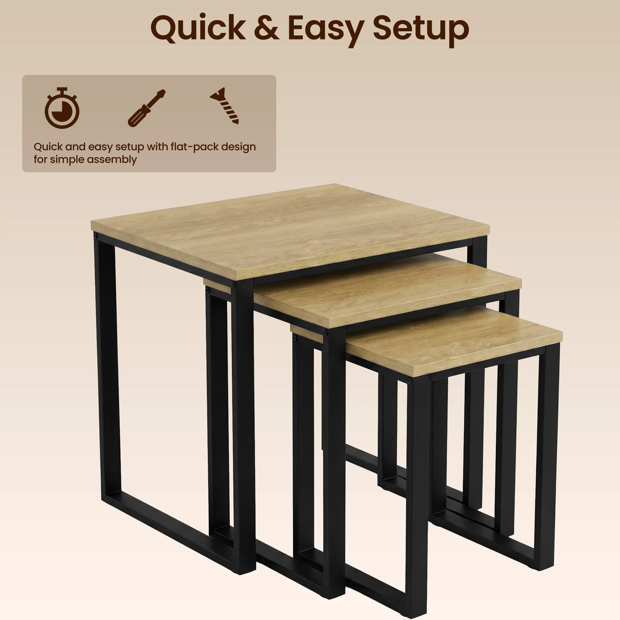 [Oak] Stackora set of 3 nesting tables with quick and easy setup feature shown with annotation overlay
