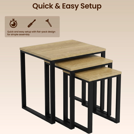 [Oak] Stackora set of 3 nesting tables with quick and easy setup feature shown with annotation overlay