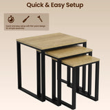 [Oak] Stackora set of 3 nesting tables with quick and easy setup feature shown with annotation overlay