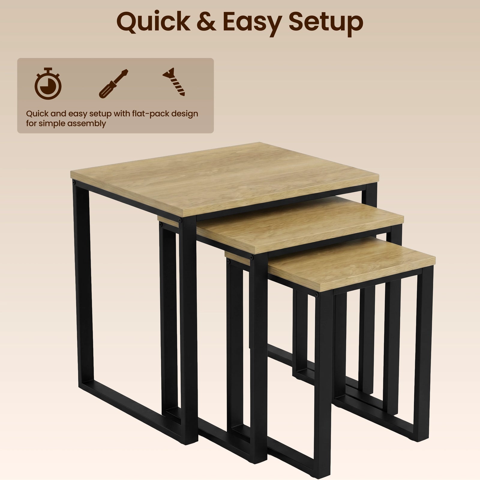 [Oak] Stackora set of 3 nesting tables with quick and easy setup feature shown with annotation overlay