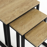 [Oak] Stackora nesting tables close-up of stepped oak effect tops showing wood grain and black metal frames