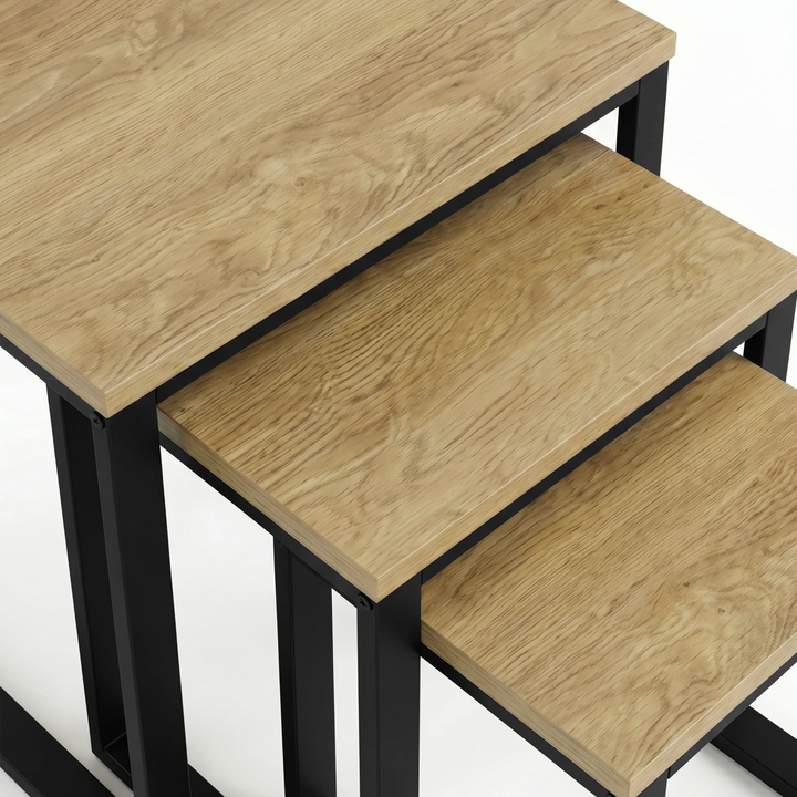 [Oak] Stackora nesting tables close-up of stepped oak effect tops showing wood grain and black metal frames