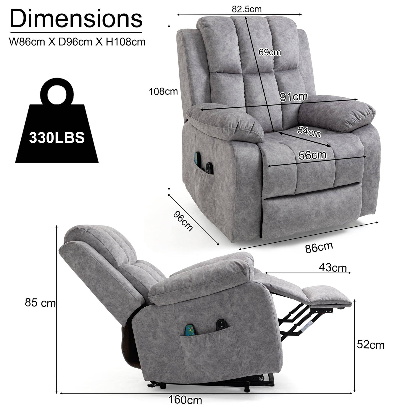 Light grey velvet recliner chair dimensions with 330lbs weight capacity, showing ergonomic seat and backrest sizes for optimal support.
