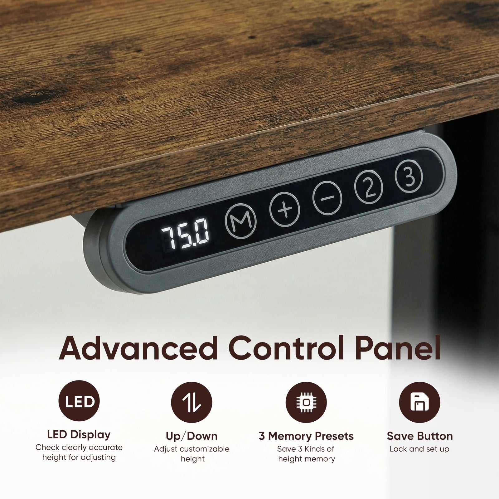 [160cm x 70cm] Control panel detail on 160cm rustic desk: LED reading 75.0, M memory key, plus, minus and presets