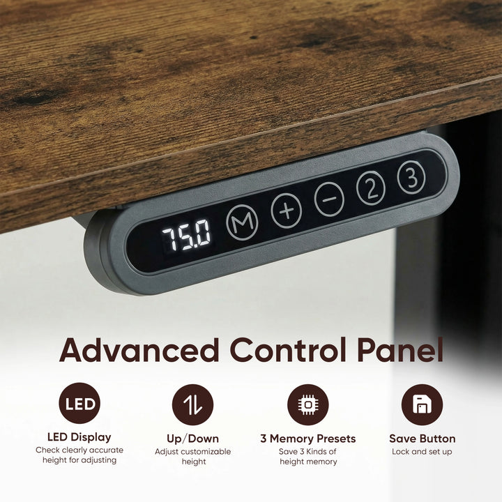 [160cm x 70cm] Control panel detail on 160cm rustic desk: LED reading 75.0, M memory key, plus, minus and presets