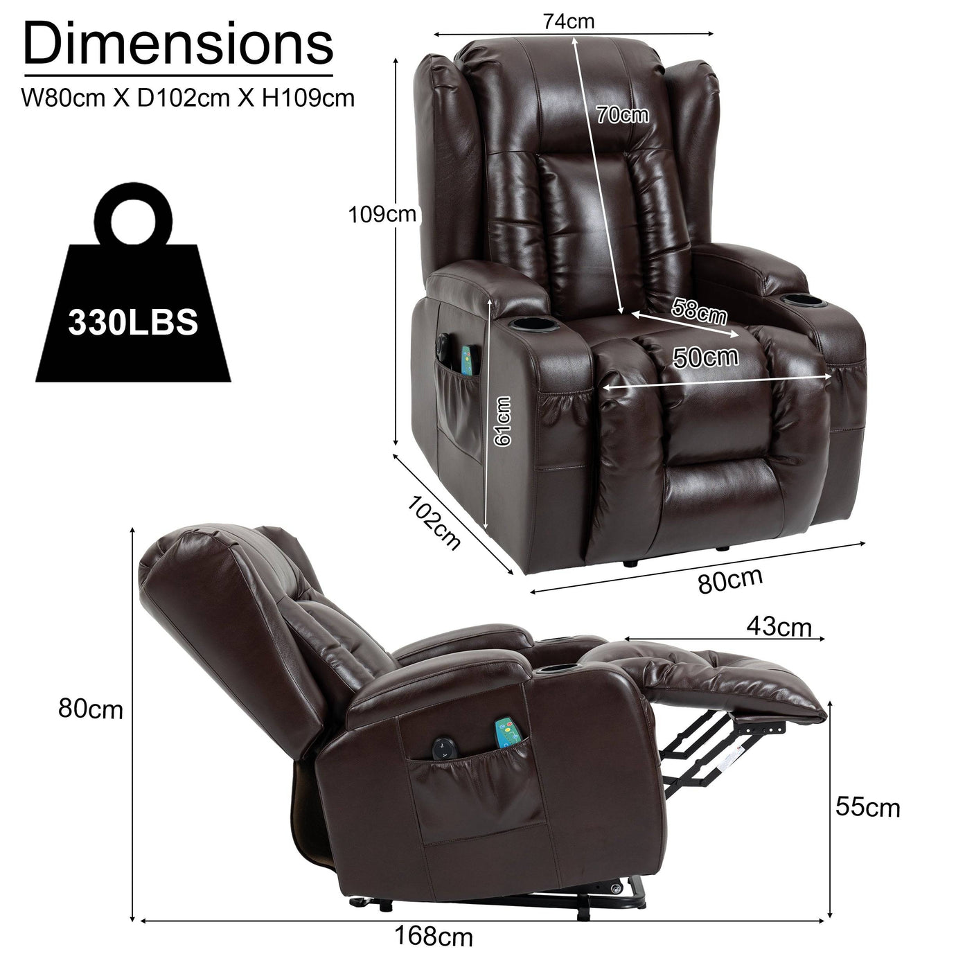 Dimensions of brown electric riser recliner chair with 330lbs capacity. Features ergonomic design and full recline for elderly comfort.