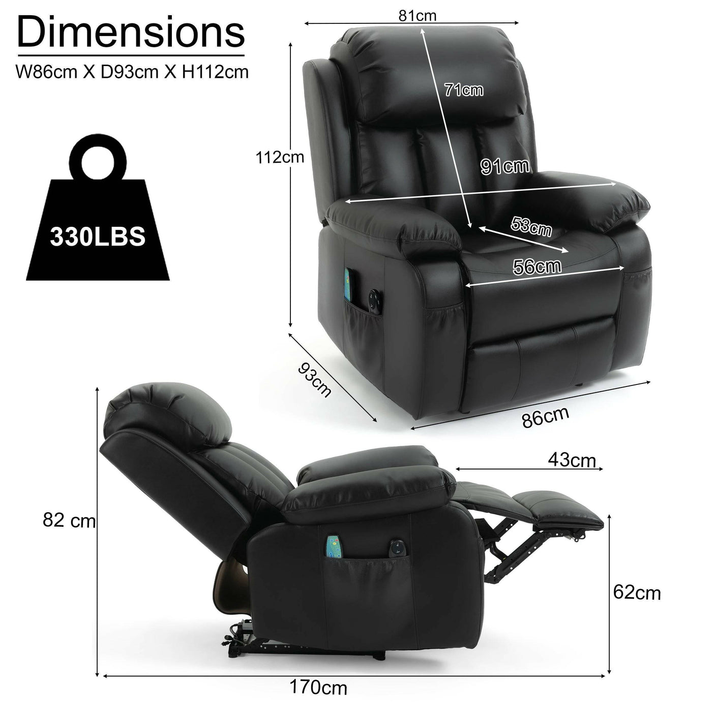 Dimensions of black electric recliner chair: 86cm wide, 93cm deep, 112cm high, supports up to 330lbs, with extended footrest for full recline.