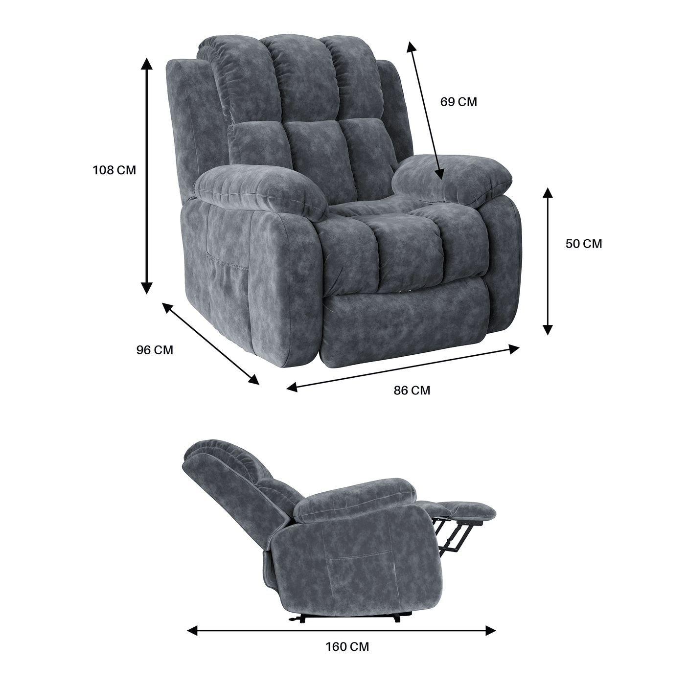 Dimensions of velvet recliner chair: 108cm height, 86cm width, 96cm depth upright, and 160cm length when fully reclined for spacious seating.