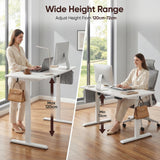 White Electric Standing Desk with wide height range from 72cm to 120cm, shown in both sitting and standing positions for ergonomic comfort.
