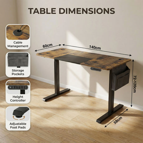 140cm wide Rustic Electric Standing Desk with adjustable height, cable management, and storage pockets, perfect for modern home offices.