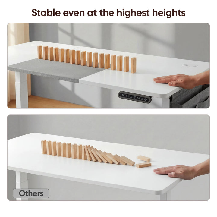 [160cm x 70cm] Stability test of 160x70cm white electric standing desk: row of upright dominoes stays on raised top