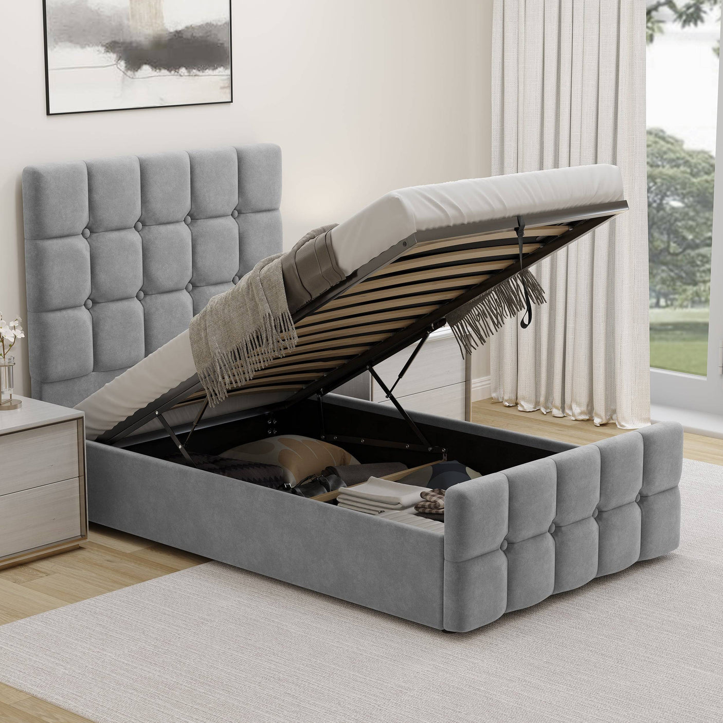 Blisswood Velvet Square Design Ottoman Storage Bed