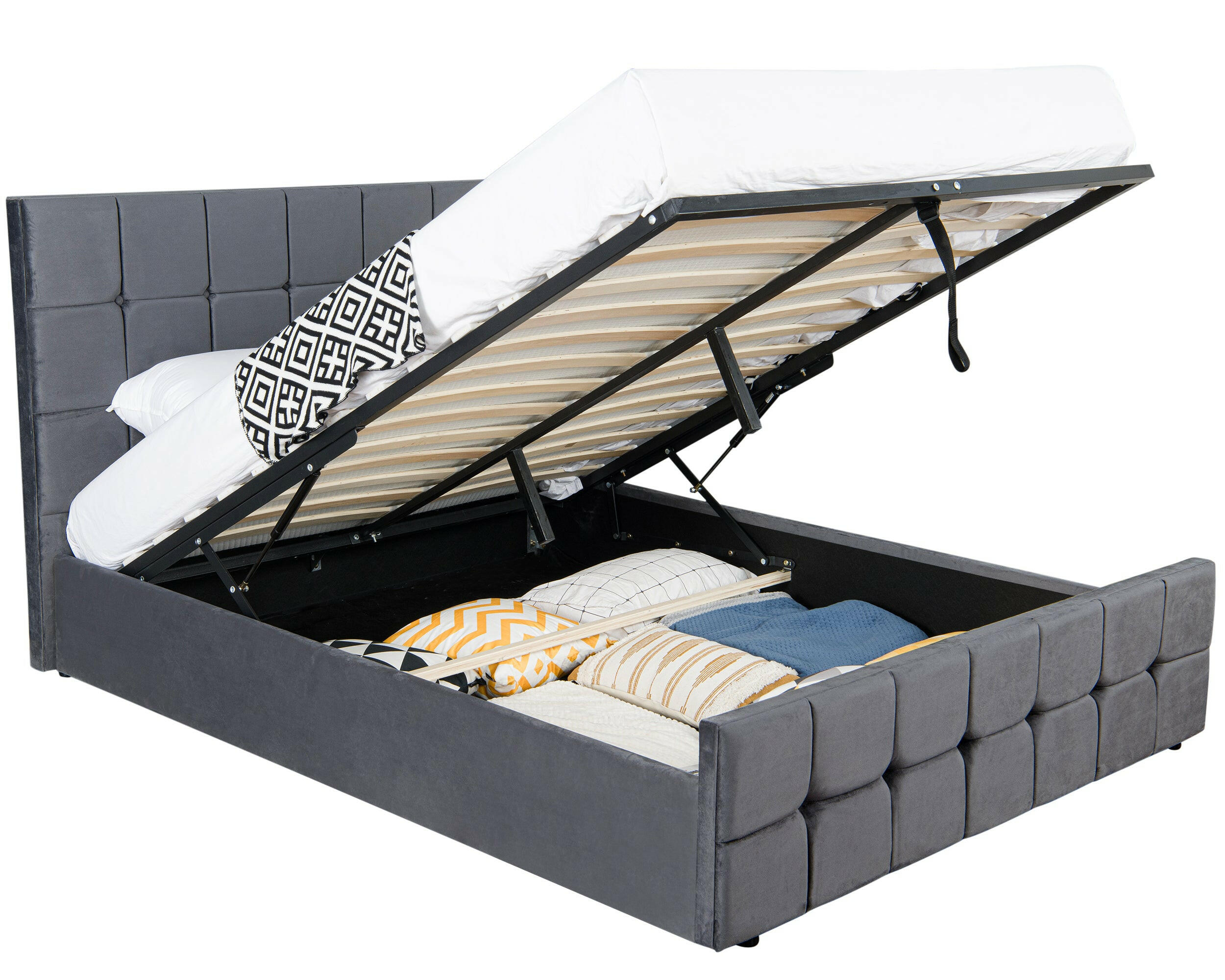 Storage bed with built-in compartments for extra bedroom storage.