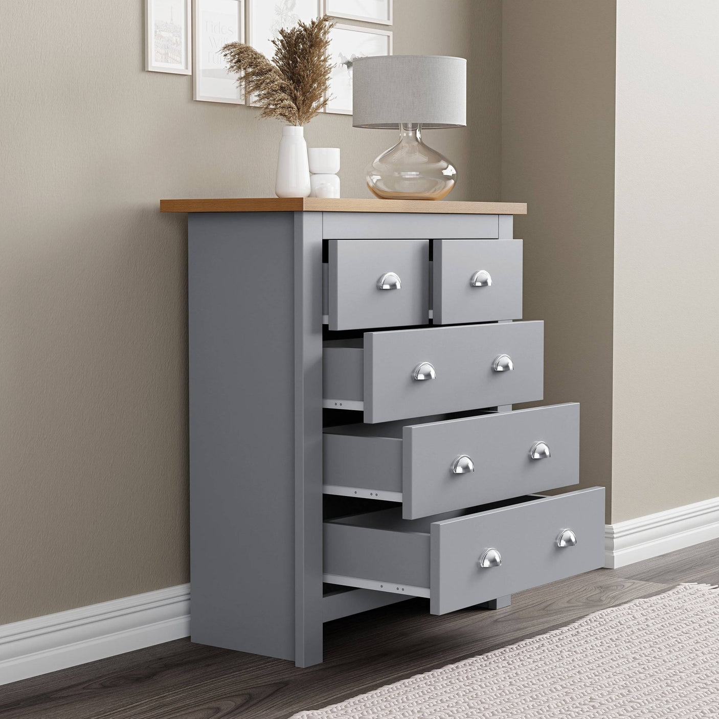 Storage chest of drawers with open drawers for easy access and organized storage space.