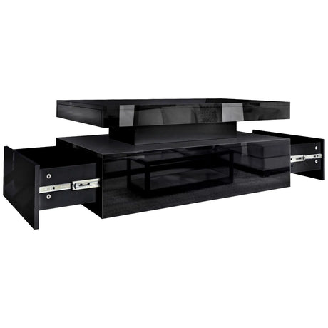 Modern black gloss coffee table with built-in storage drawers, ideal for living room decor.