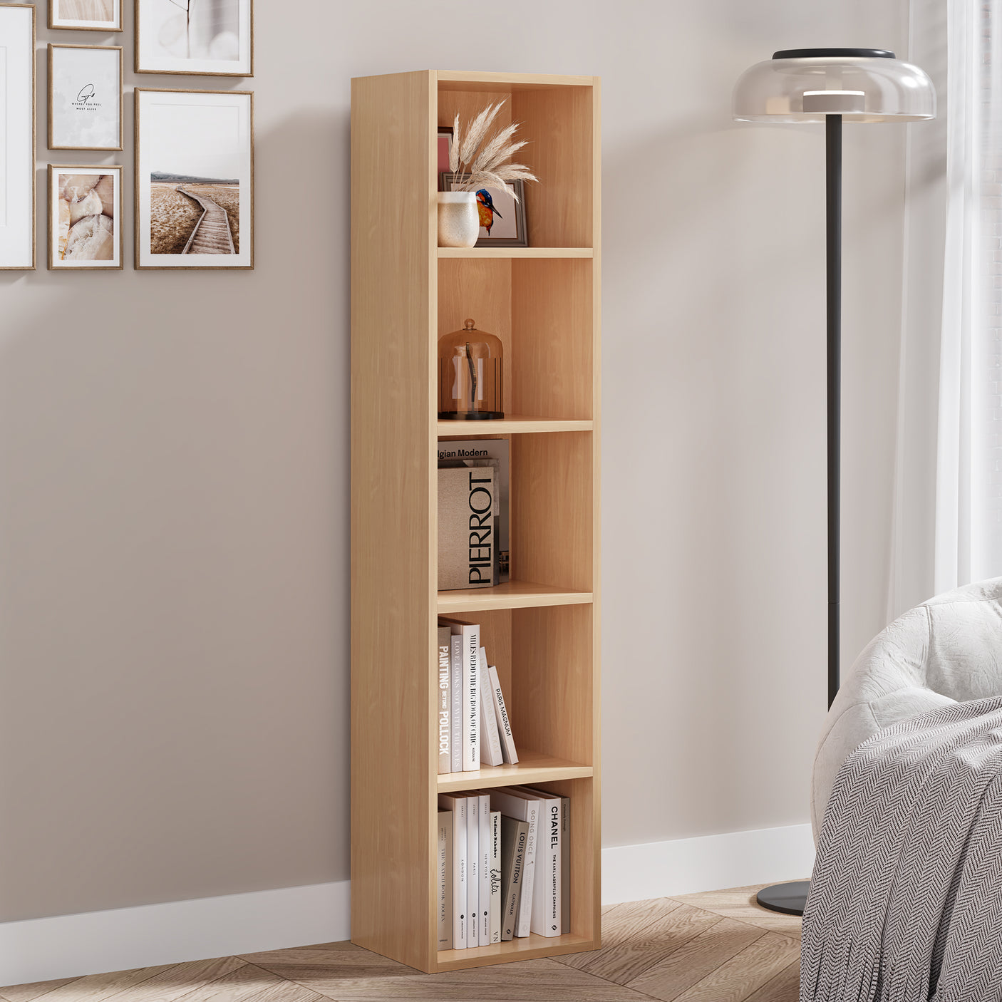 Oak wood-effect 5 Tier Bookcase Cube Storage Unit in a bright room, ideal for natural and Scandinavian decor.