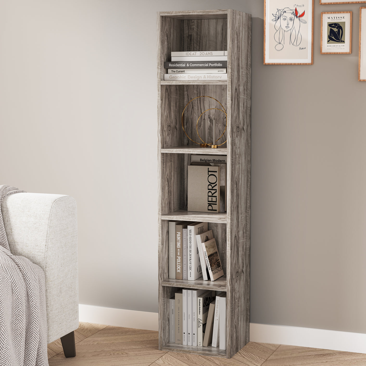 Slim rustic wood 5 tier bookcase styled with books and decor, perfect for compact and stylish storage.