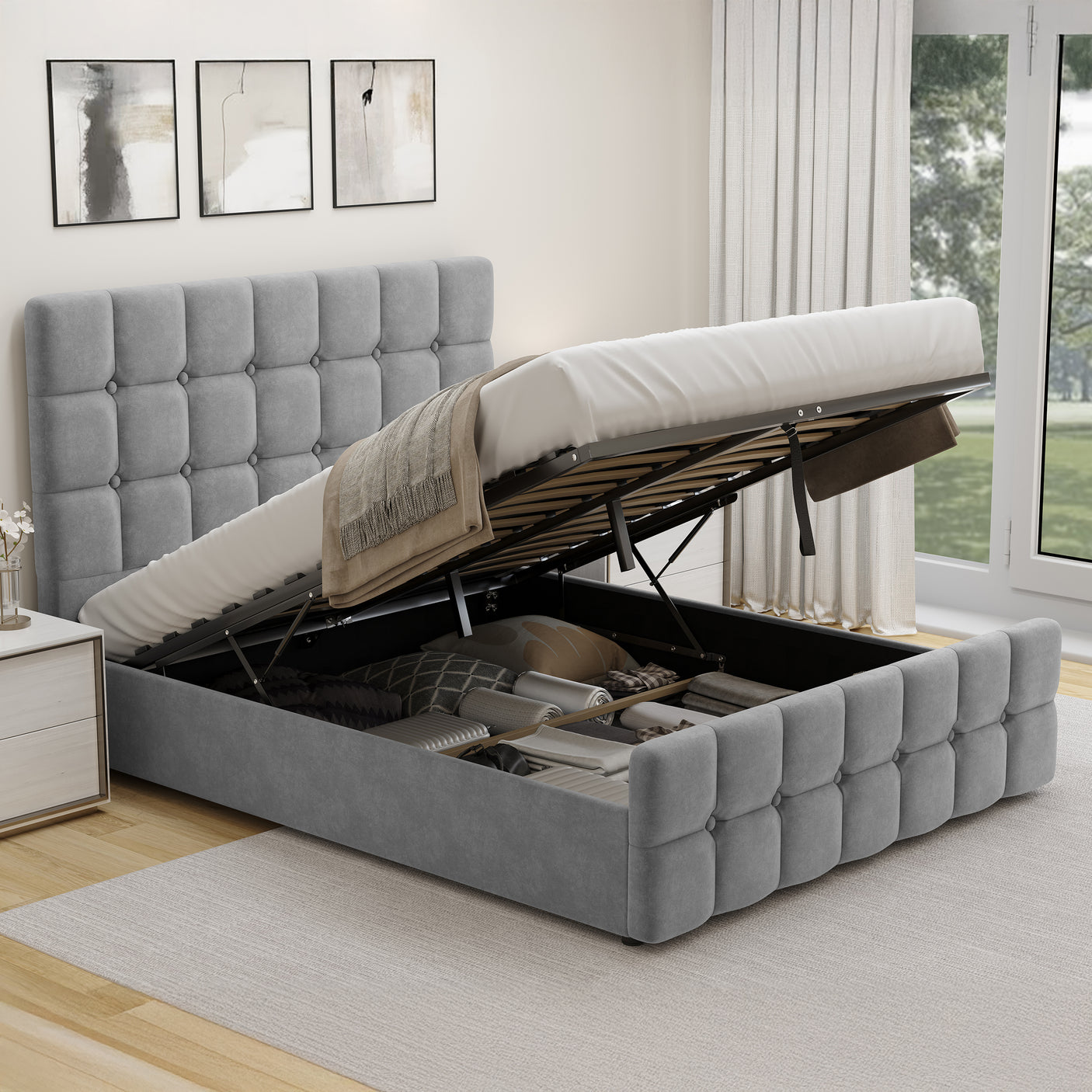 Open grey ottoman bed single with storage inside for cushions, shirts, caps, and a mattress.