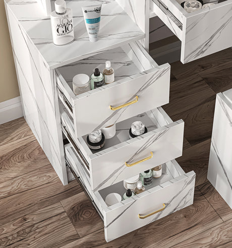 Storage dressing table stool in white marble for a stylish and functional vanity setup.