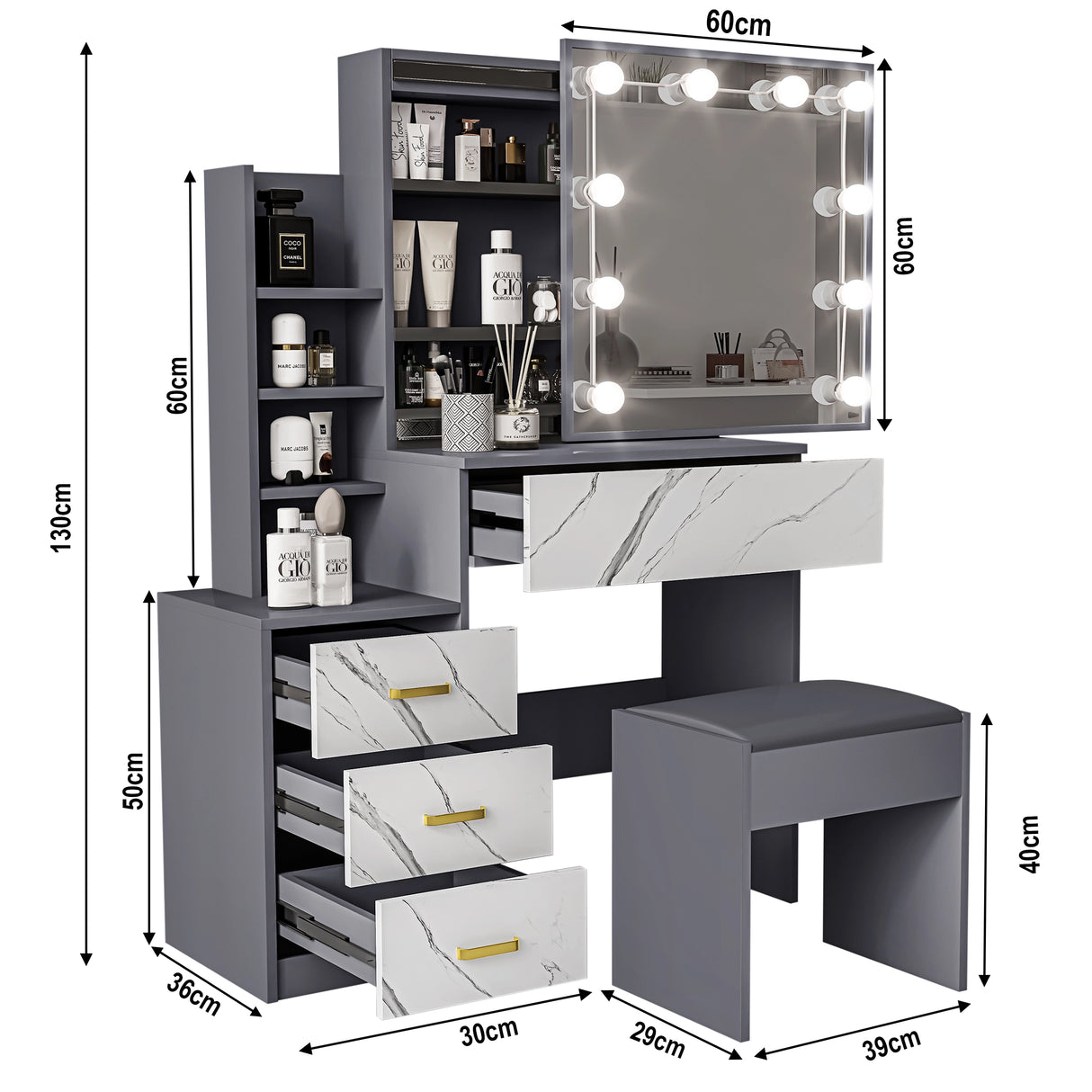 Dressing table with mirror and lights, showing dimensions on a white background