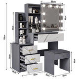 Dressing table with mirror and lights, showing dimensions on a white background