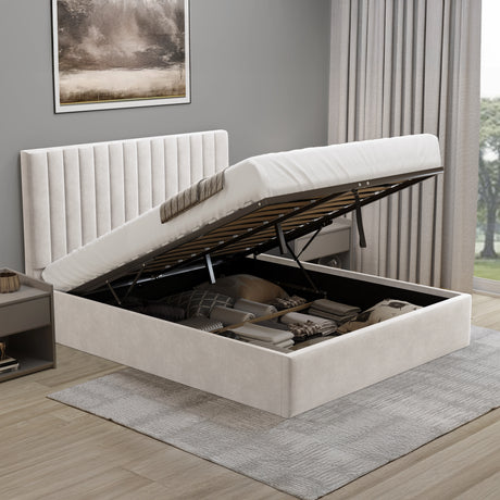 Beige upholstered bed with storage compartment in a room setting.