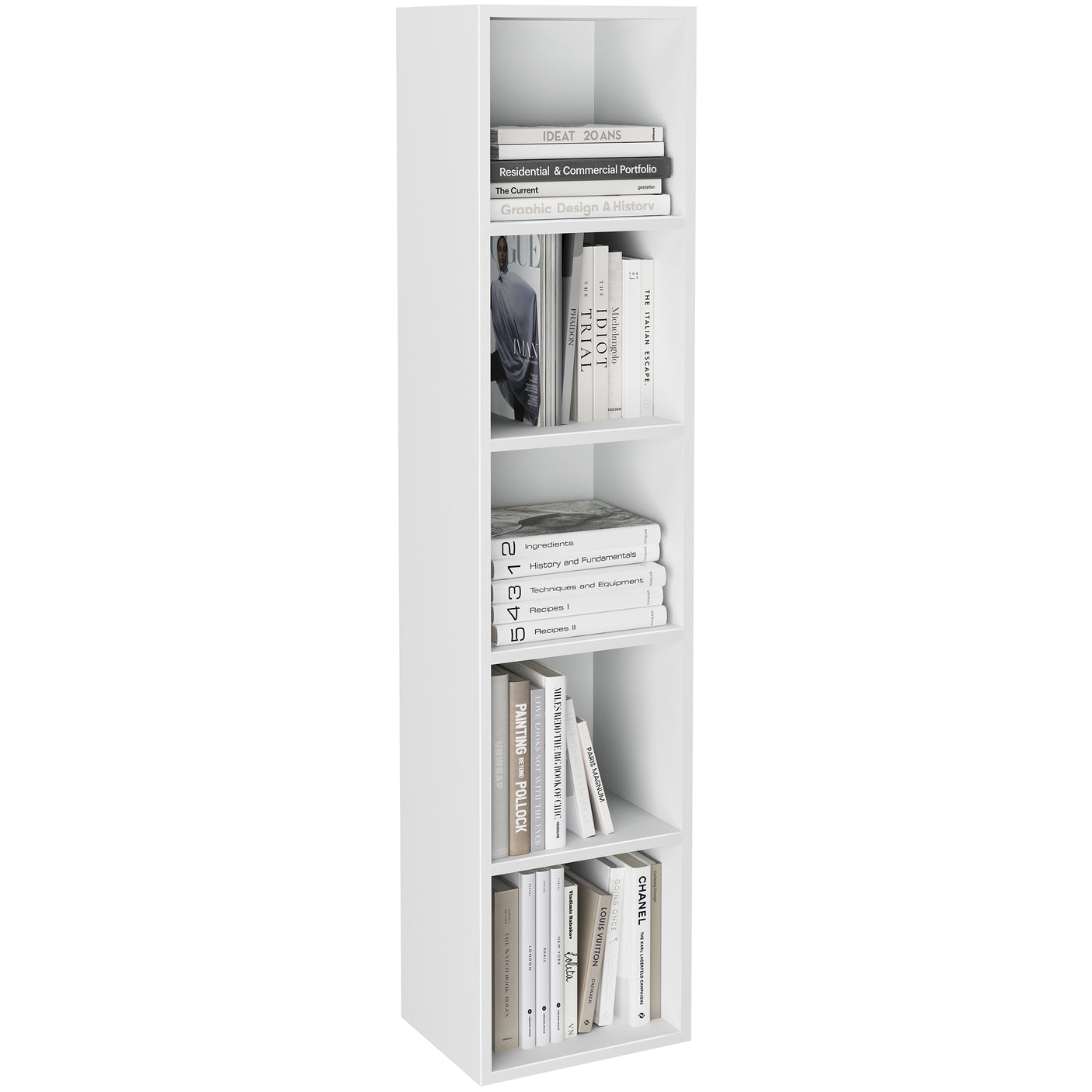 Minimalist white tall bookcase with 5 cube shelves, showcasing monochrome books and modern design.