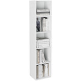 Minimalist white tall bookcase with 5 cube shelves, showcasing monochrome books and modern design.