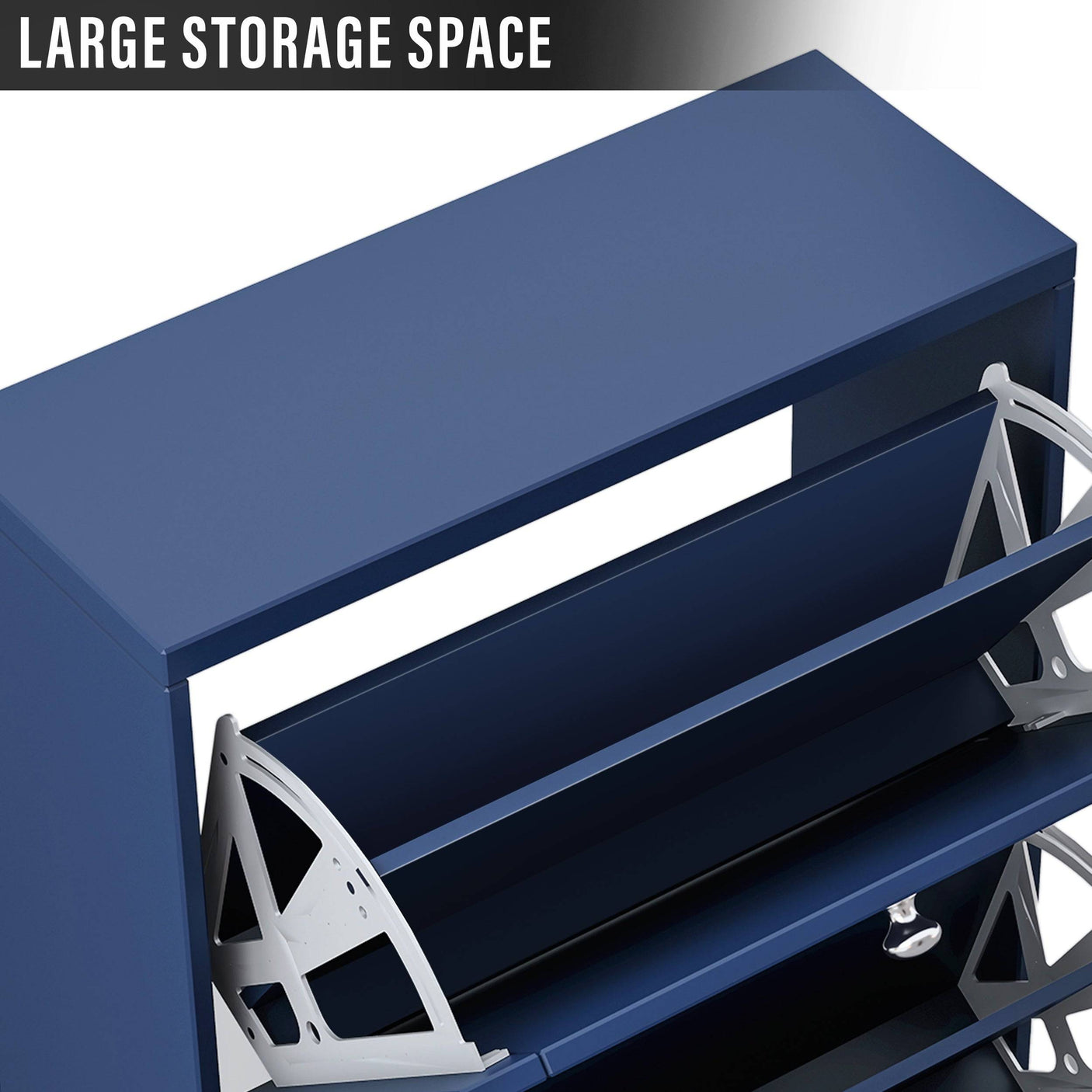 Top compartment of navy Blisswood Shoe Cabinet With Doors showing spacious storage for additional items.