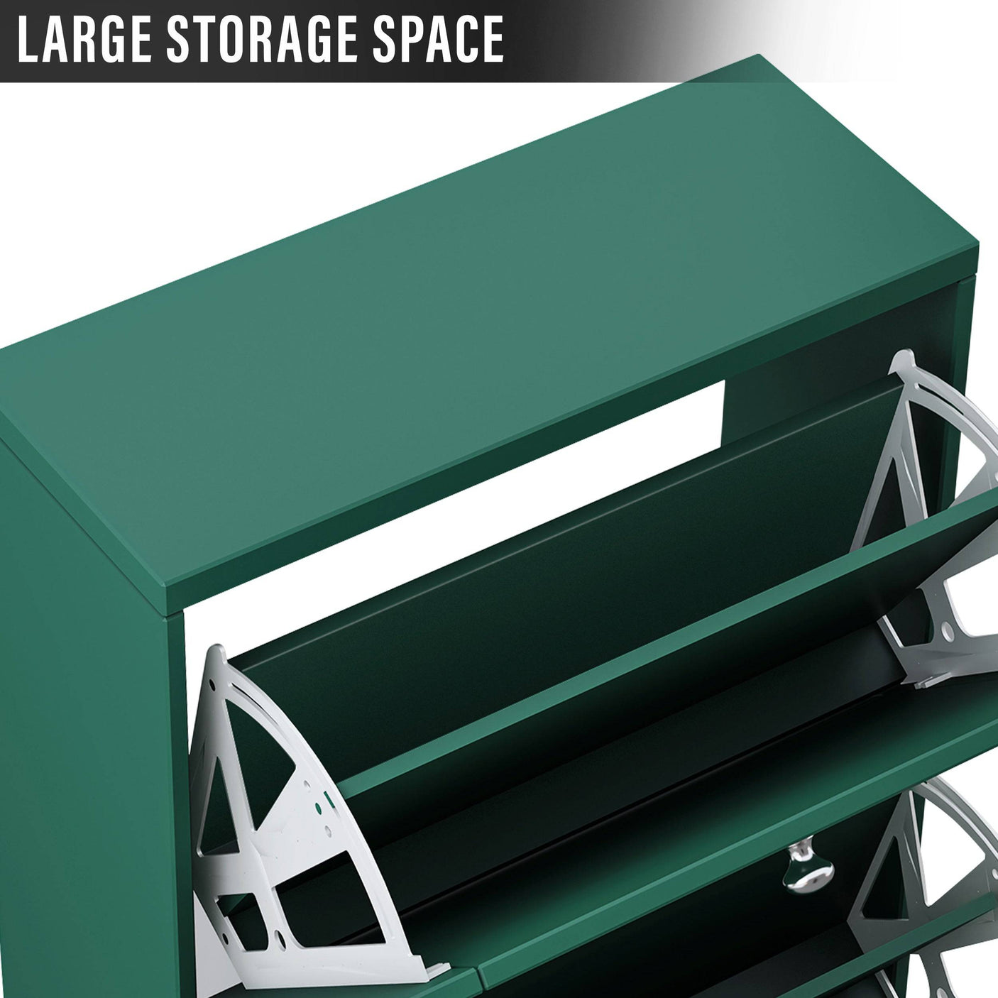 Top compartment of green Blisswood Shoe Cabinet With Doors showing large storage space for additional items.