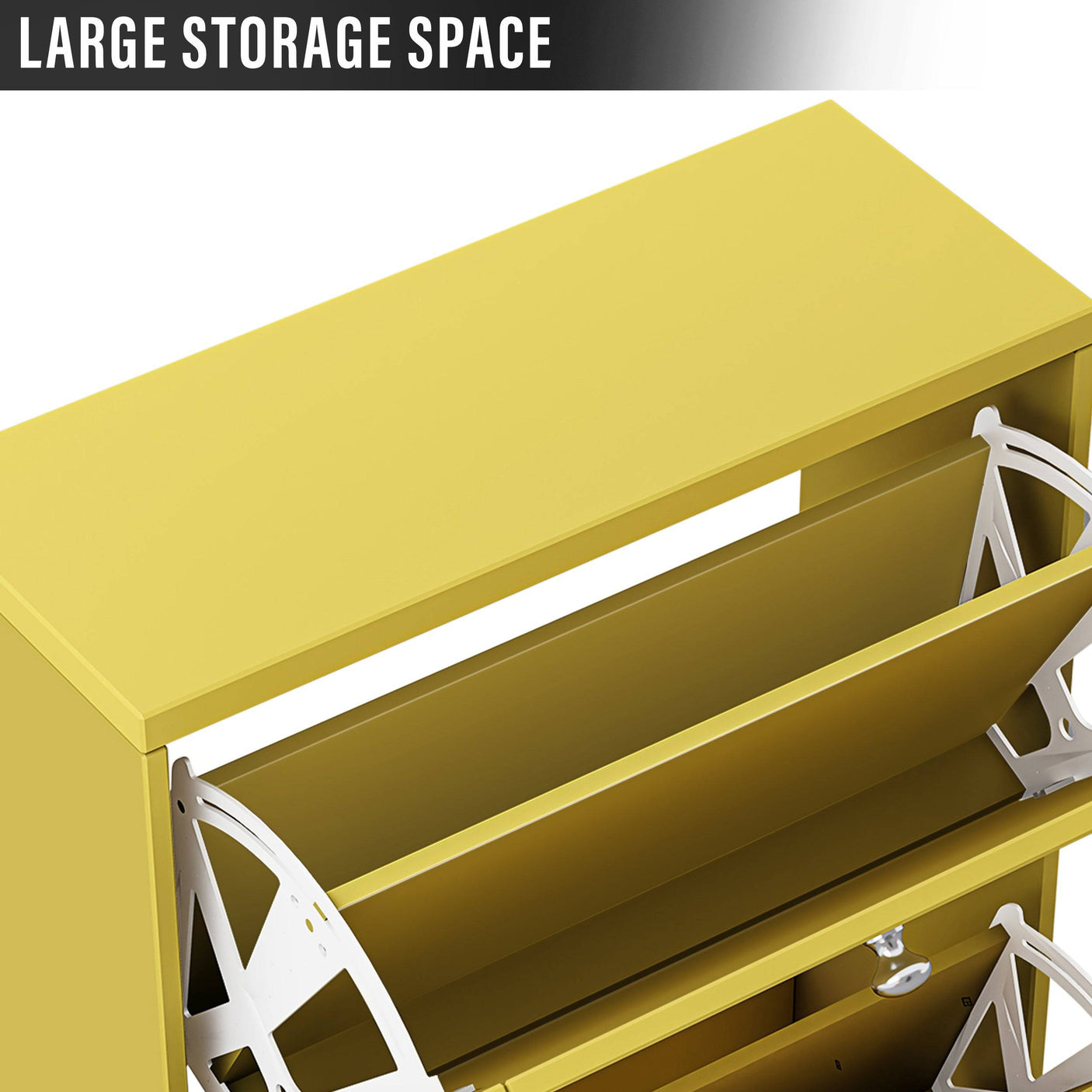 Close-up of yellow Blisswood Shoe Cabinet With Doors showing large top storage space for additional items.
