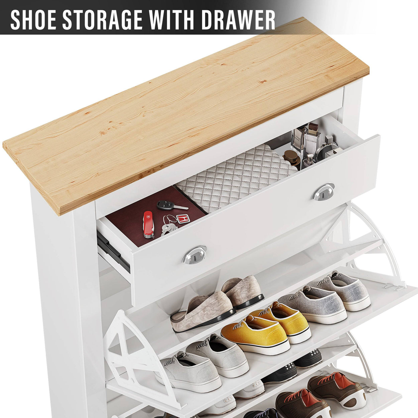 Close-up of Blisswood Shoe Cabinet drawer and shoe compartments, highlighting storage for keys, wallets, and footwear.