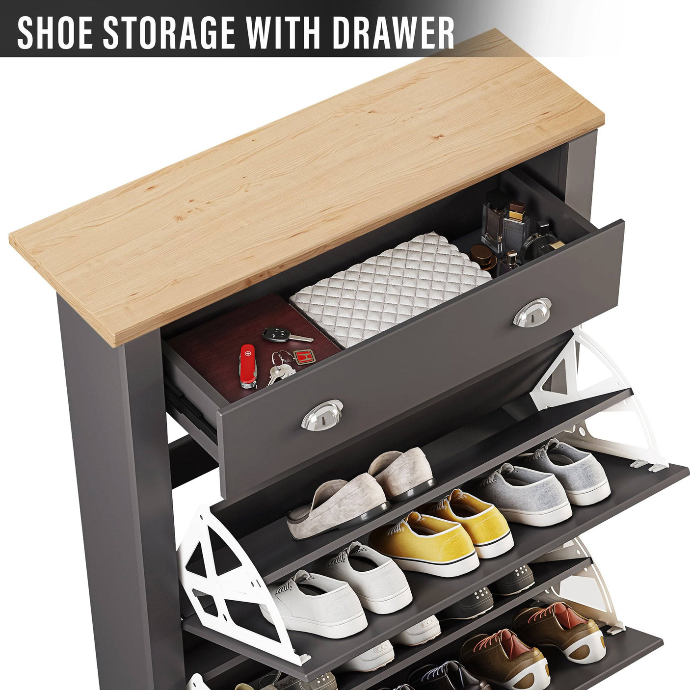 Close-up of black Blisswood Shoe Cabinet drawer and compartments, highlighting storage for accessories and footwear.