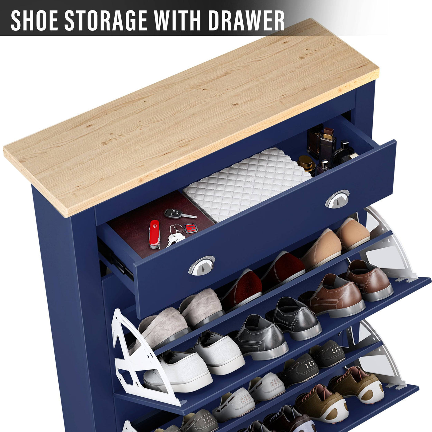 Close-up of navy Blisswood Shoe Cabinet drawer and compartments, highlighting storage for accessories and footwear.